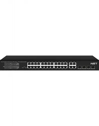 картинка PoE коммутатор NST NS-SW-24F4G-P Fast Ethernet на 24 x RJ45 портов + 4 x GE Combo uplink порта. от магазина Охранных систем и видеонаблюдения