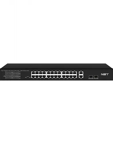 картинка PoE коммутатор NST NS-SW-24F2G-P Fast Ethernet на 24 x RJ45 портов + 2 x GE Combo uplink порта. от магазина Охранных систем и видеонаблюдения