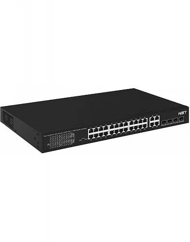 картинка PoE коммутатор NST NS-SW-24F4G-P Fast Ethernet на 24 x RJ45 портов + 4 x GE Combo uplink порта. от магазина Охранных систем и видеонаблюдения