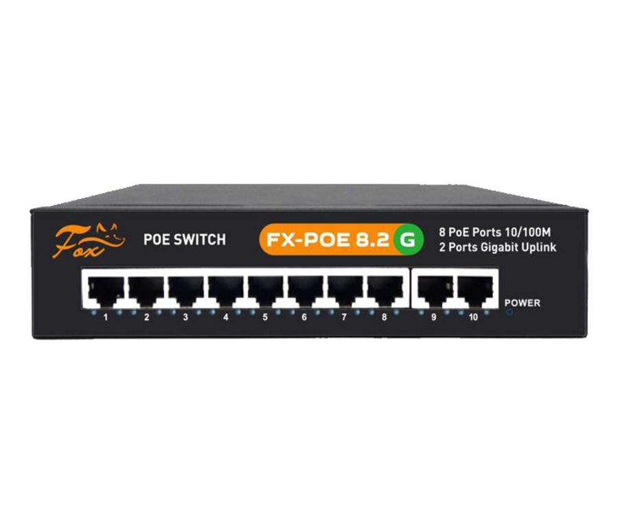 картинка Fox FX-POE8.2G коммутатор 10 портов 10/100 Мбит/с, 8хPoE от магазина Охранных систем и видеонаблюдения
